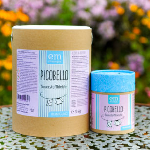Picobello Sauerstoffbleiche erhältlich in der 600 Gramm Pappdose und in der 3 Kilo Papptrommel bei Fischers Hausmittel